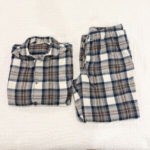 LL Bean Pajamas Mens Medium Blue Cream Scotch Plaid Flannel Cotton Set Classic
